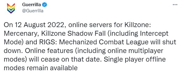 《杀戮地带》等三款游戏8月关服 单机离线模式仍可用