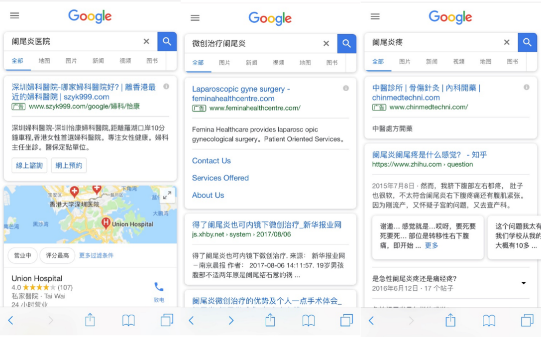 搜阑尾炎却推送妇产医院广告 Google皮这一下网友并不开心