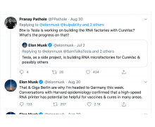 马斯克拜访德国疫苗企业，或为商谈特斯拉建设 RNA 微型工厂