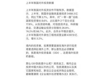 前7个月我国对外非金融类直接投资4242.8亿元 同比增长4.4%