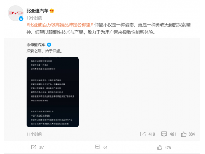 比亚迪汽车旗下百万级高端新车定名“仰望”