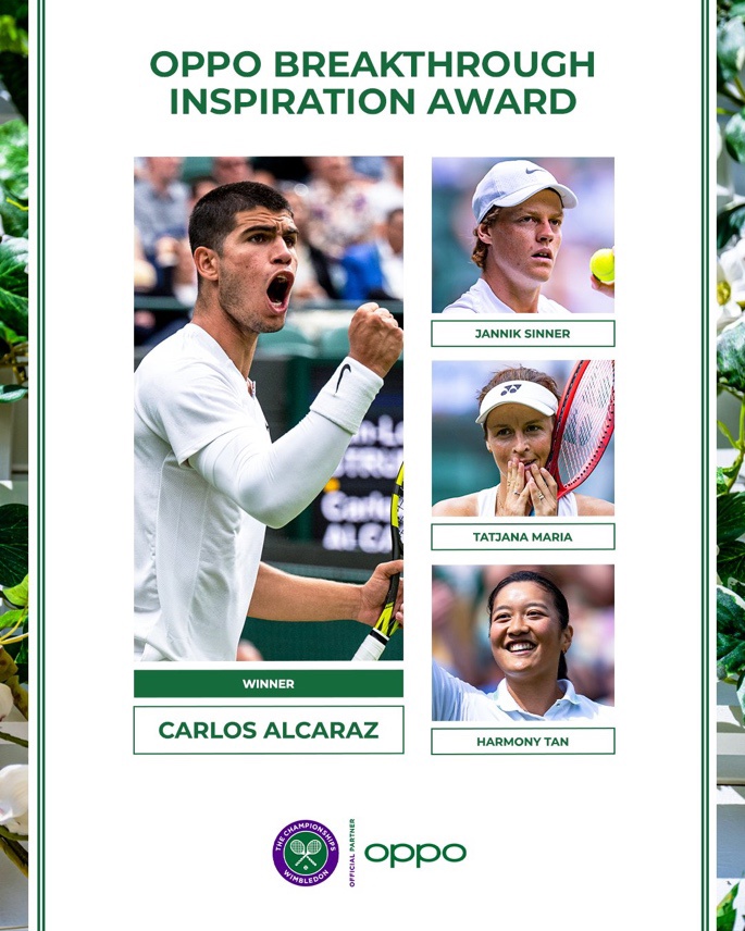 卡洛斯・阿尔卡拉斯在 2022 年温布尔登网球公开赛上获 OPPO 微笑新星奖