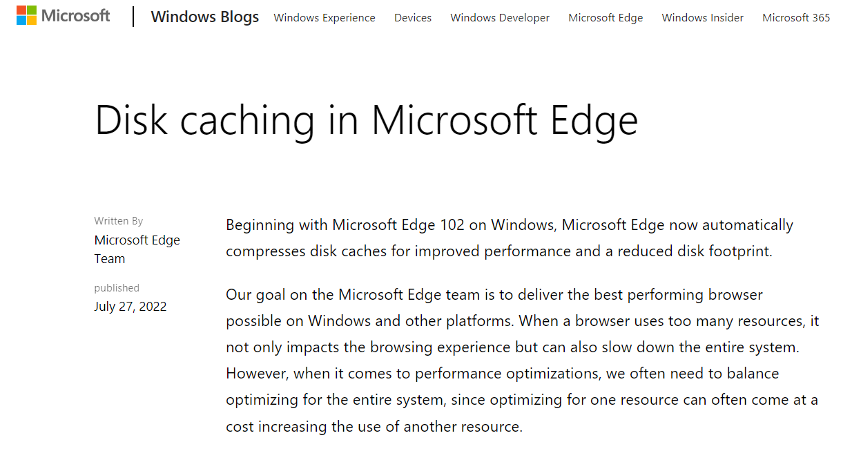 微软：Edge 浏览器已内置磁盘缓存压缩技术，可节省空间占用且不降低系统性能